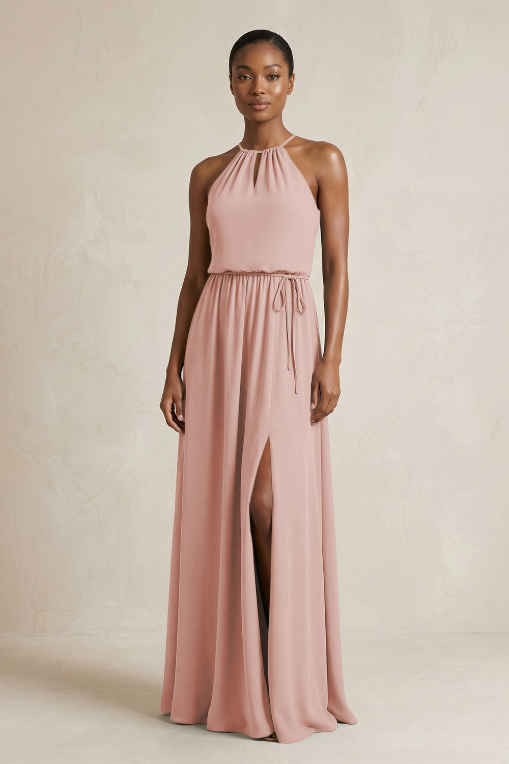 Halter Sheath Ruched Chiffon Bridesmaid Dress in English Rose