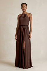 Halter Sheath Ruched Chiffon Bridesmaid Dress in Espresso - KISS BRIDAL Bridesmaid Dresses