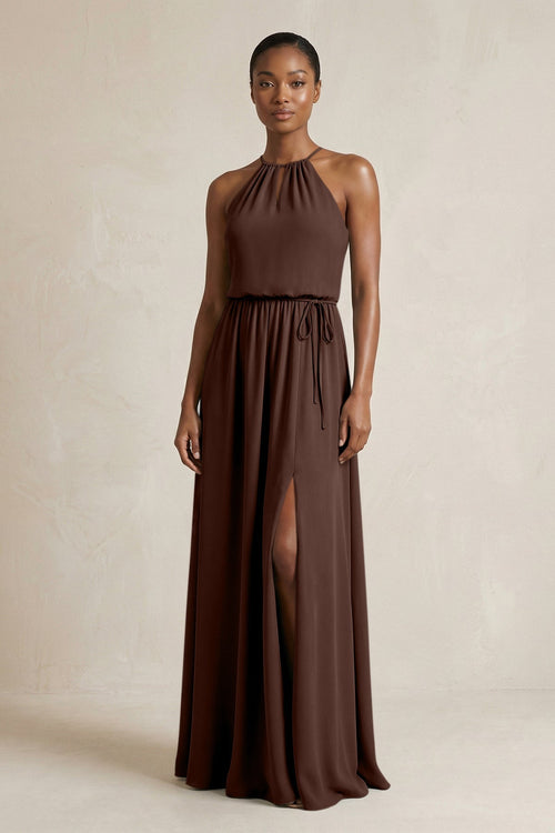 Halter Sheath Ruched Chiffon Bridesmaid Dress in Espresso - SHE IS ME Bridesmaid Dresses