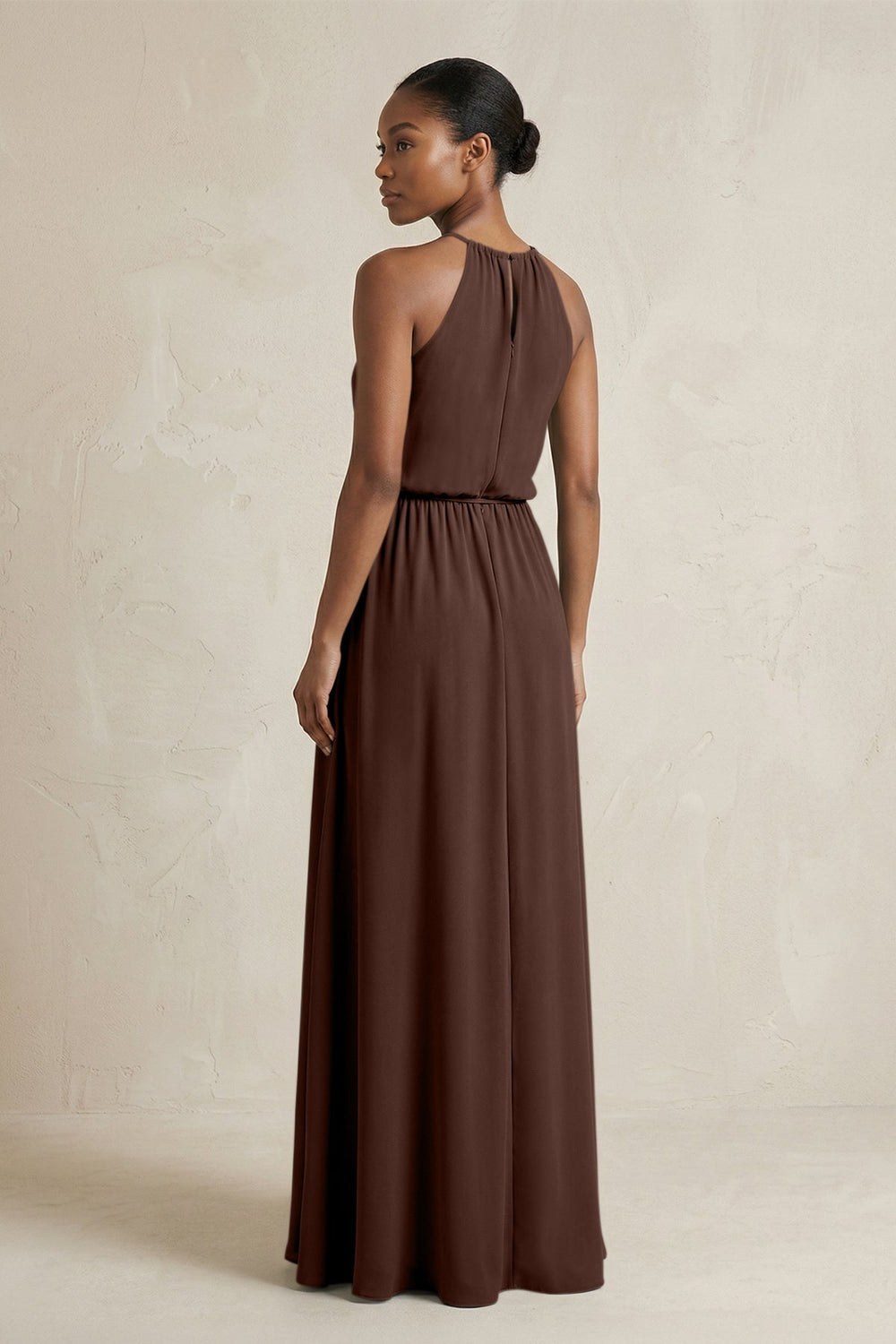 Halter Sheath Ruched Chiffon Bridesmaid Dress in Espresso - KISS BRIDAL Bridesmaid Dresses