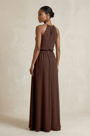 Halter Sheath Ruched Chiffon Bridesmaid Dress in Espresso - SHE IS ME Bridesmaid Dresses