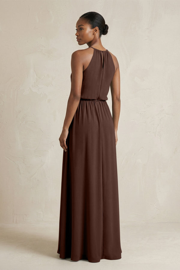 Halter Sheath Ruched Chiffon Bridesmaid Dress in Espresso - SHE IS ME Bridesmaid Dresses