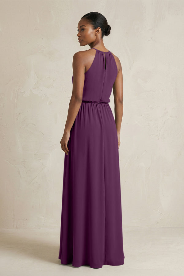 Halter Sheath Ruched Chiffon Bridesmaid Dress in Fig (2) | KISSBRIDAL