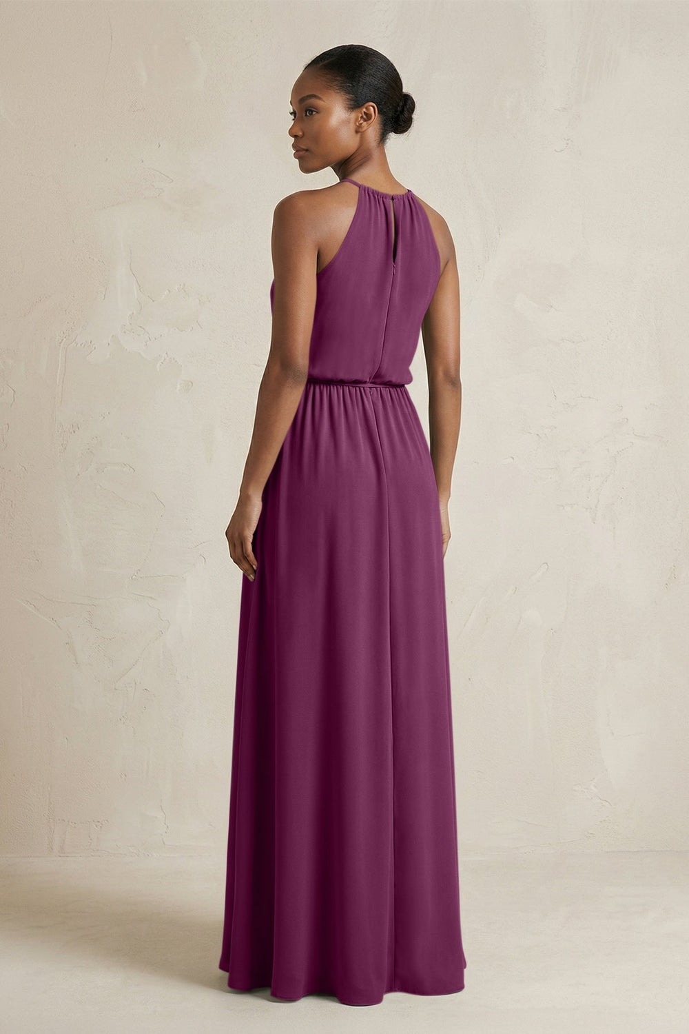 Halter Sheath Ruched Chiffon Bridesmaid Dress in Fig - KISS BRIDAL Bridesmaid Dresses