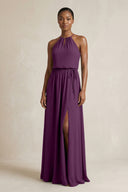 Halter Sheath Ruched Chiffon Bridesmaid Dress in Fig | KISSBRIDAL