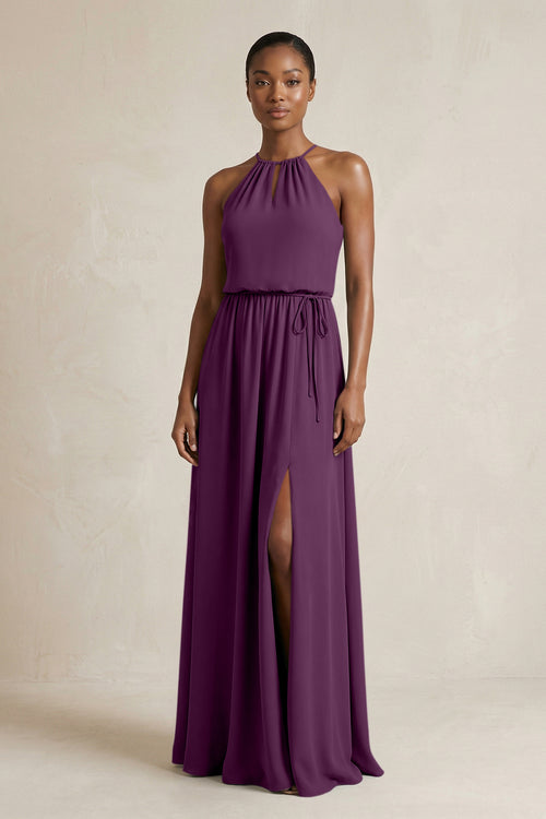 Halter Sheath Ruched Chiffon Bridesmaid Dress in Fig | KISSBRIDAL