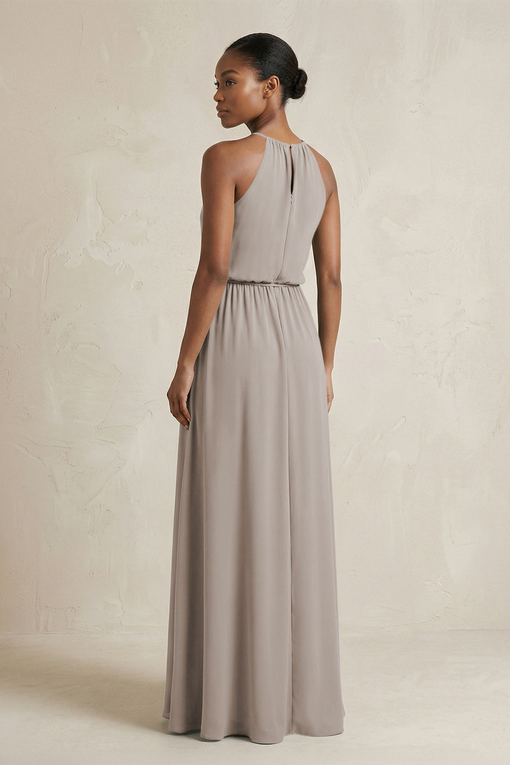 Halter Sheath Ruched Chiffon Bridesmaid Dress in Frost