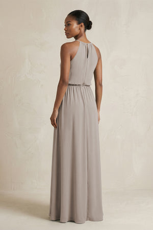 Halter Sheath Ruched Chiffon Bridesmaid Dress in Frost (2) | KISSBRIDAL