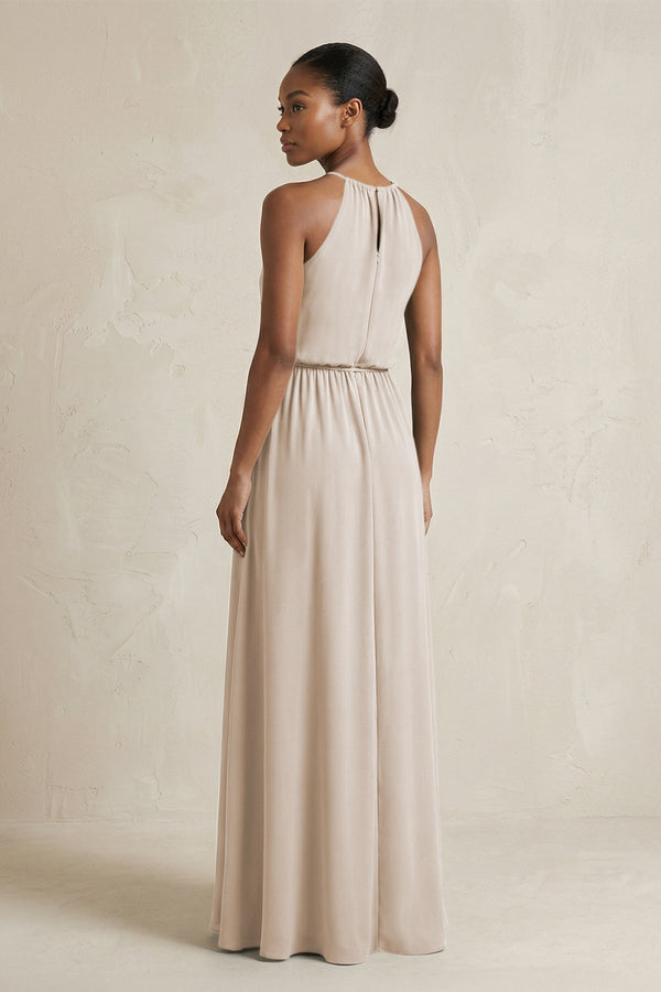 Halter Sheath Ruched Chiffon Bridesmaid Dress in Frost - SHE IS ME Bridesmaid Dresses