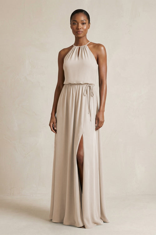 Halter Sheath Ruched Chiffon Bridesmaid Dress in Frost - SHE IS ME Bridesmaid Dresses