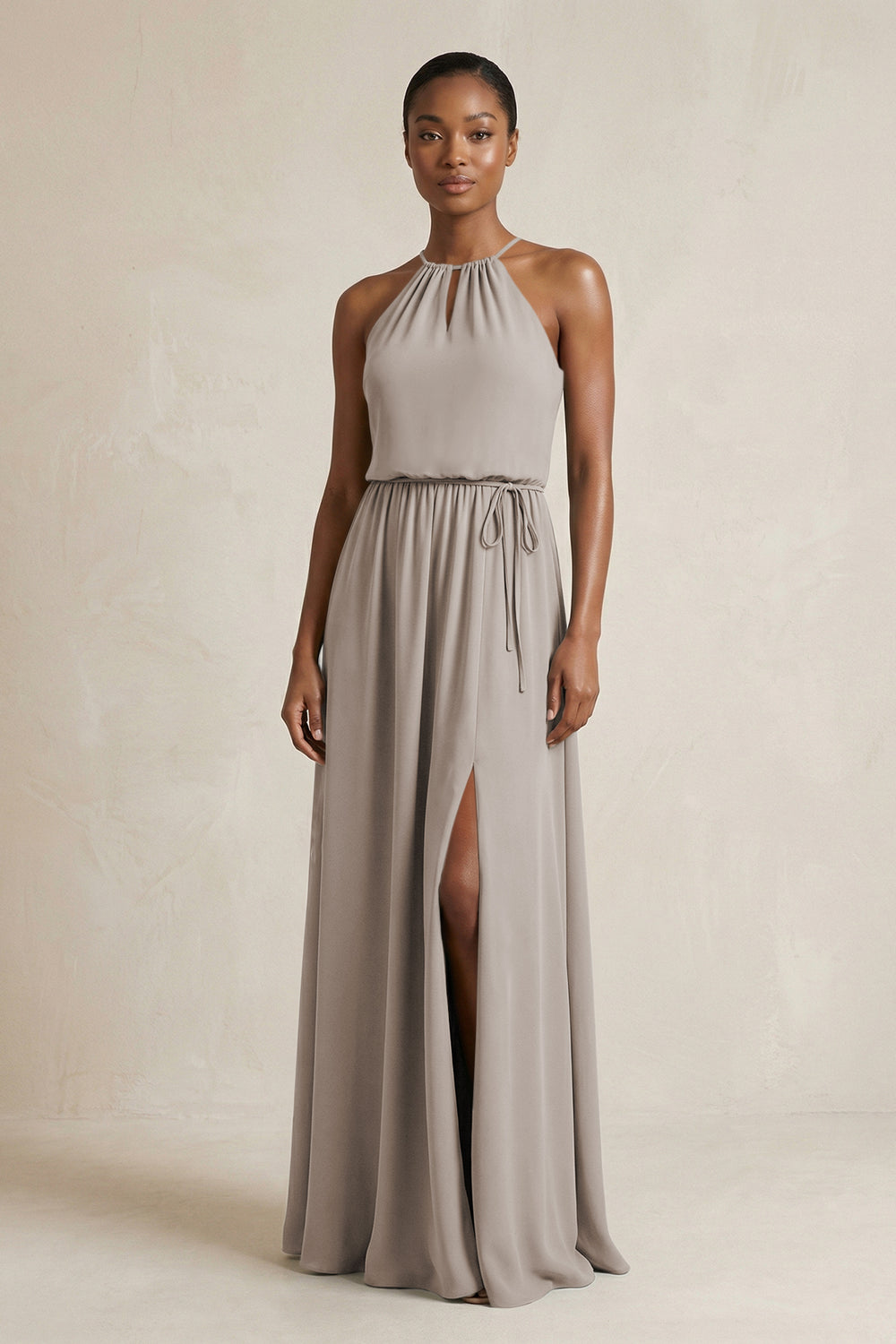 Halter Sheath Ruched Chiffon Bridesmaid Dress in Frost
