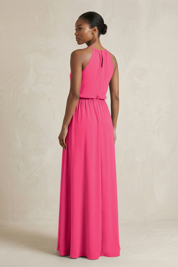 Halter Sheath Ruched Chiffon Bridesmaid Dress in Fuchsia (2) | KISSBRIDAL