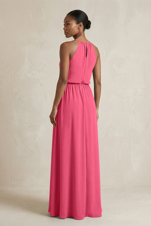 Halter Sheath Ruched Chiffon Bridesmaid Dress in Fuchsia - SHE IS ME Bridesmaid Dresses