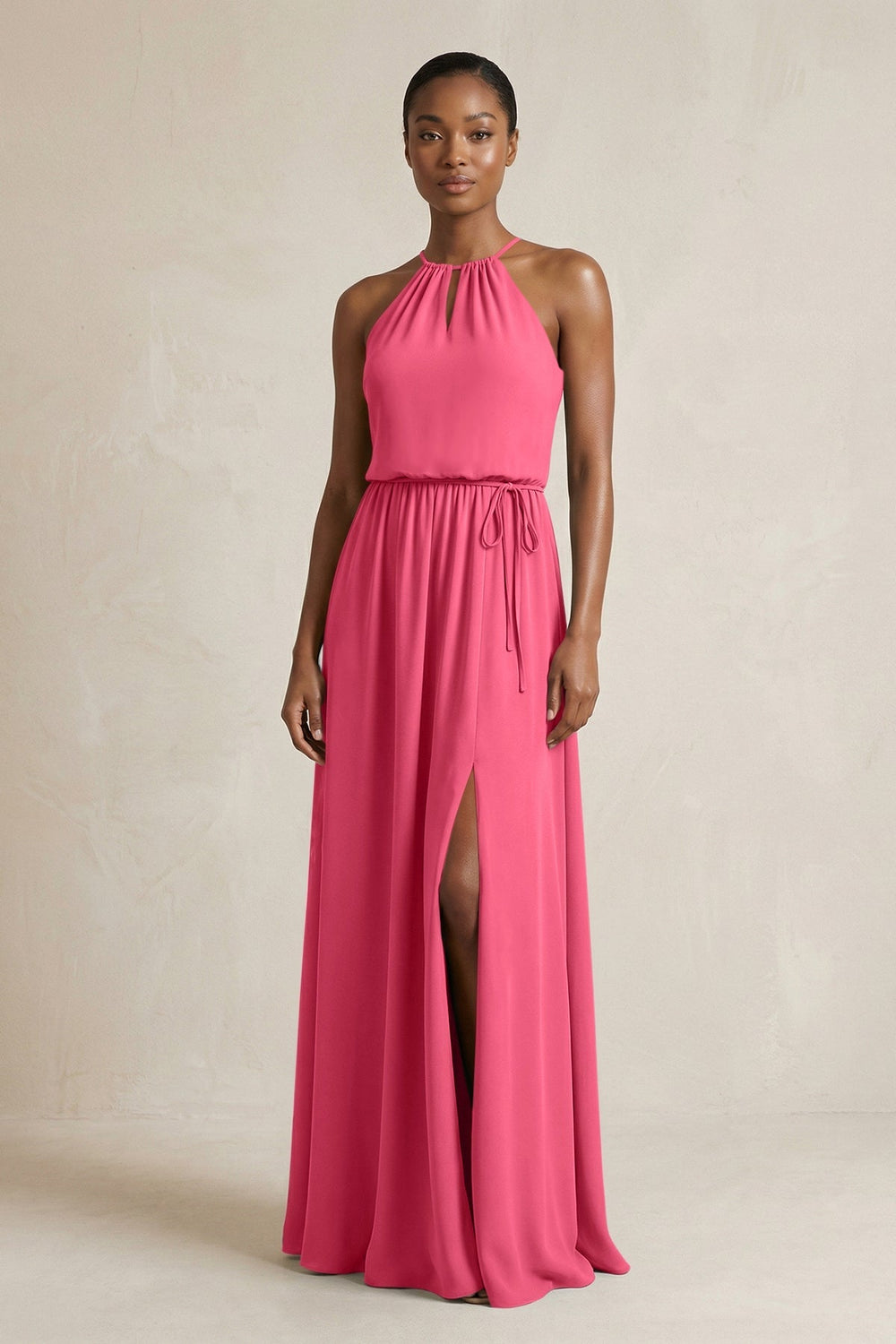 Halter Sheath Ruched Chiffon Bridesmaid Dress in Fuchsia - KISS BRIDAL Bridesmaid Dresses