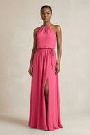 Halter Sheath Ruched Chiffon Bridesmaid Dress in Fuchsia - SHE IS ME Bridesmaid Dresses