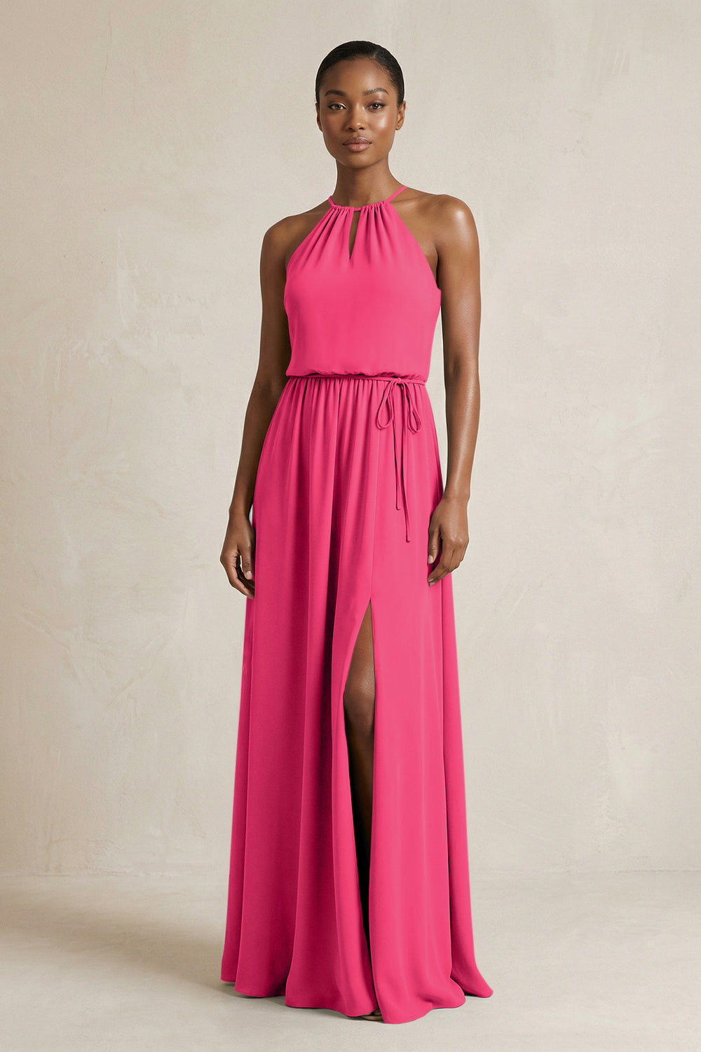 Halter Sheath Ruched Chiffon Bridesmaid Dress in Fuchsia
