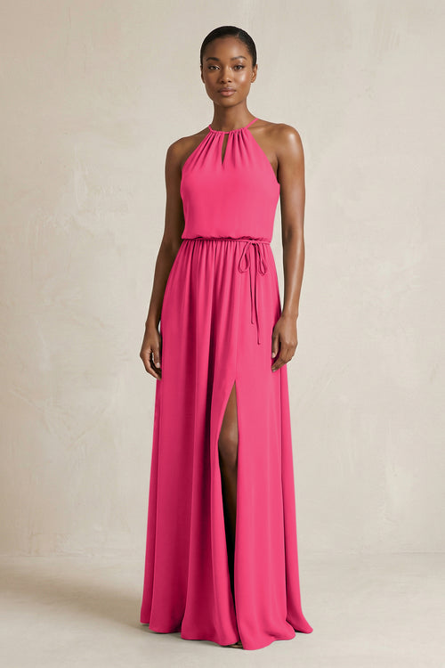 Halter Sheath Ruched Chiffon Bridesmaid Dress in Fuchsia | KISSBRIDAL