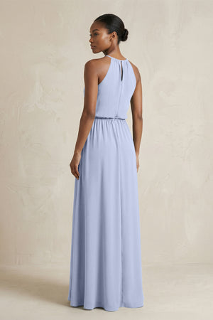 Halter Sheath Ruched Chiffon Bridesmaid Dress in Ice (2) | KISSBRIDAL