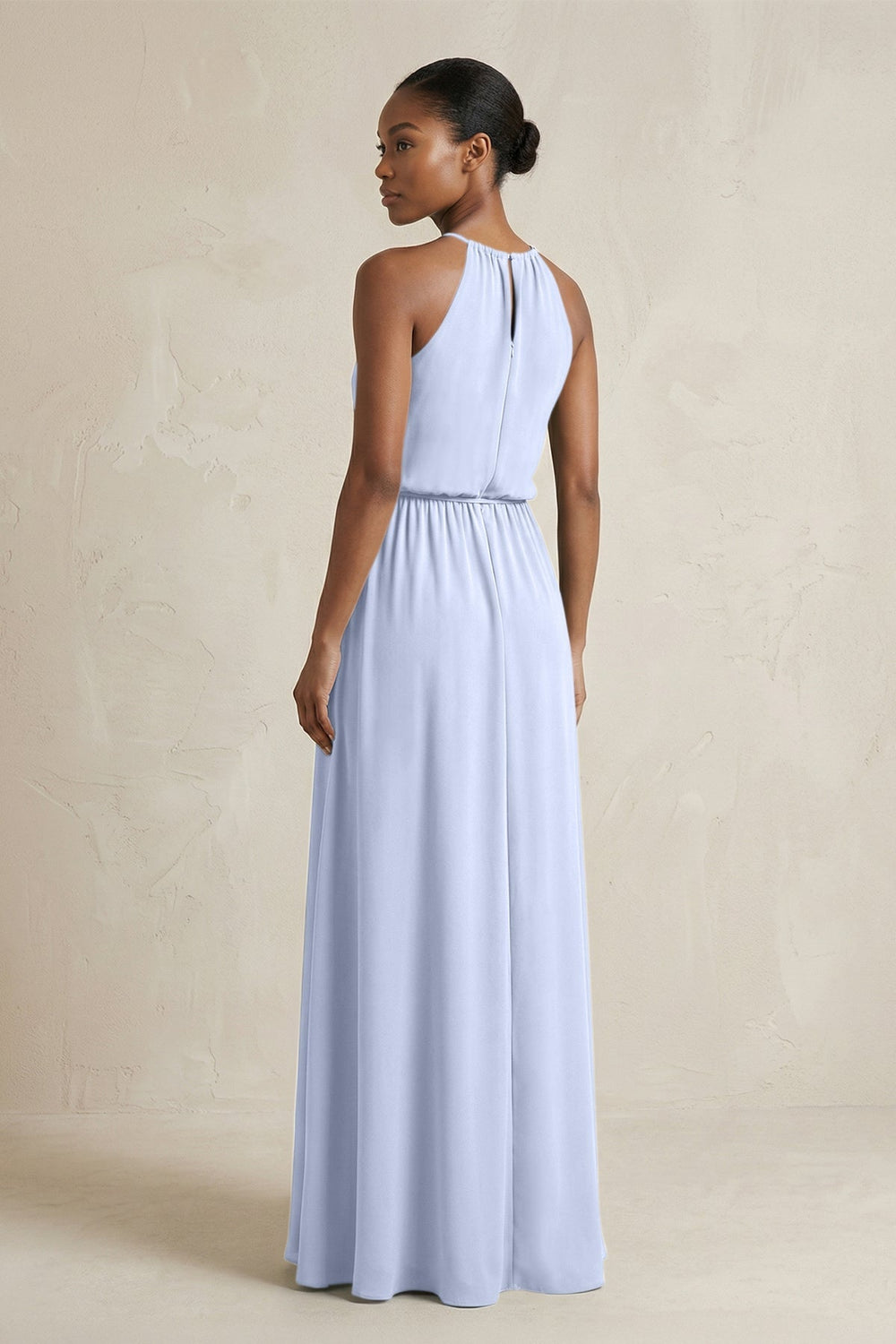 Halter Sheath Ruched Chiffon Bridesmaid Dress in Ice - KISS BRIDAL Bridesmaid Dresses