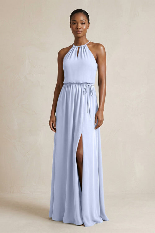 Halter Sheath Ruched Chiffon Bridesmaid Dress in Ice - SHE IS ME Bridesmaid Dresses