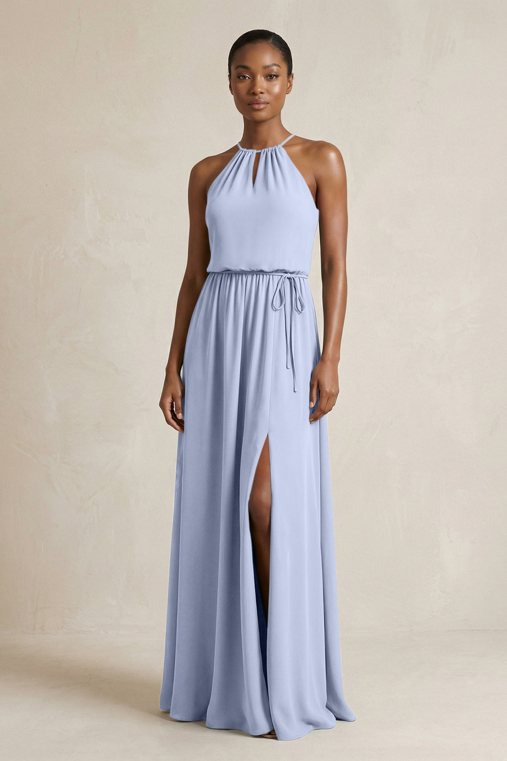 Halter Sheath Ruched Chiffon Bridesmaid Dress in Ice