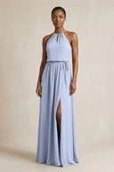 Halter Sheath Ruched Chiffon Bridesmaid Dress in Ice | KISSBRIDAL