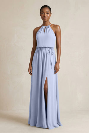 Halter Sheath Ruched Chiffon Bridesmaid Dress in Ice | KISSBRIDAL