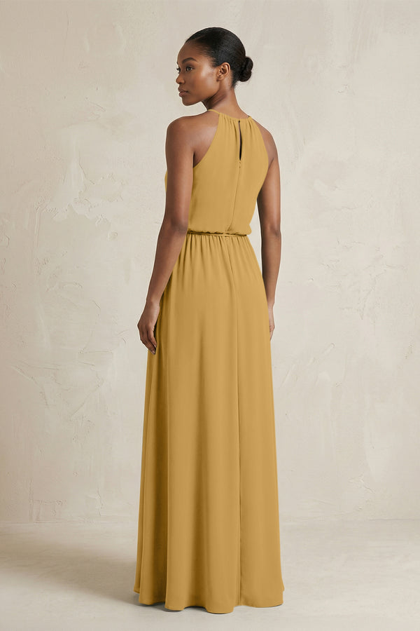 Halter Sheath Ruched Chiffon Bridesmaid Dress in Marigold (2) | KISSBRIDAL