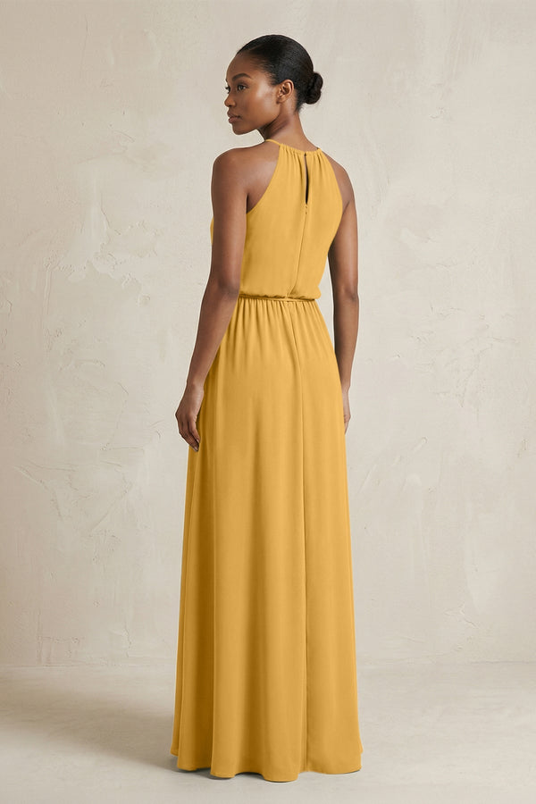 Halter Sheath Ruched Chiffon Bridesmaid Dress in Marigold - SHE IS ME Bridesmaid Dresses