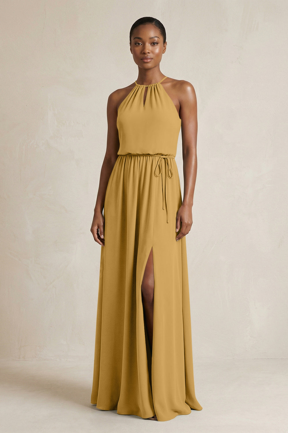 Halter Sheath Ruched Chiffon Bridesmaid Dress in Marigold
