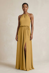 Halter Sheath Ruched Chiffon Bridesmaid Dress in Marigold | KISSBRIDAL