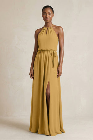 Halter Sheath Ruched Chiffon Bridesmaid Dress in Marigold | KISSBRIDAL