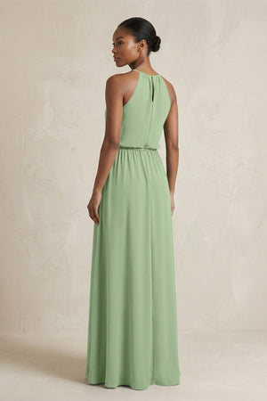 Halter Sheath Ruched Chiffon Bridesmaid Dress in Matcha (2) | KISSBRIDAL