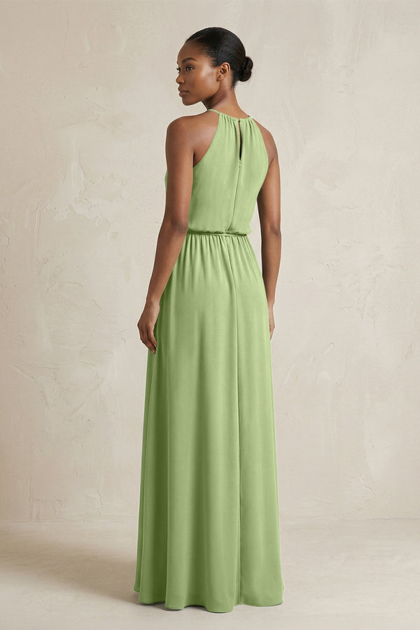Halter Sheath Ruched Chiffon Bridesmaid Dress in Matcha - SHE IS ME Bridesmaid Dresses