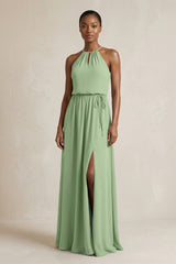 Halter Sheath Ruched Chiffon Bridesmaid Dress in Matcha | KISSBRIDAL