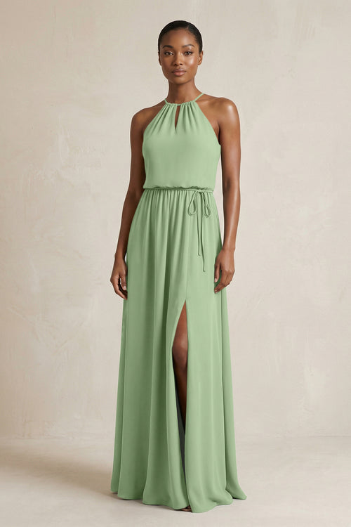 Halter Sheath Ruched Chiffon Bridesmaid Dress in Matcha | KISSBRIDAL
