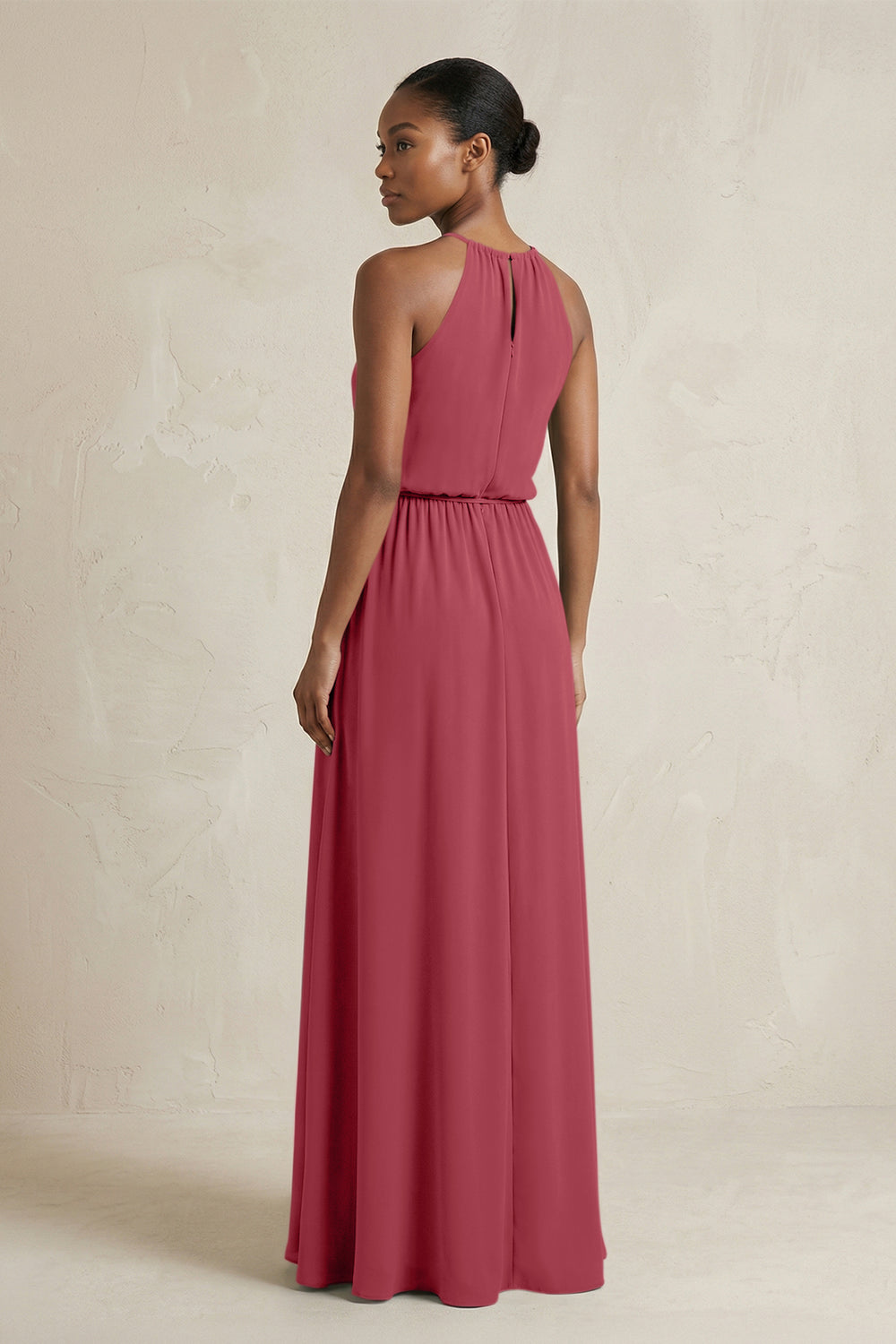 Halter Sheath Ruched Chiffon Bridesmaid Dress in Merlot