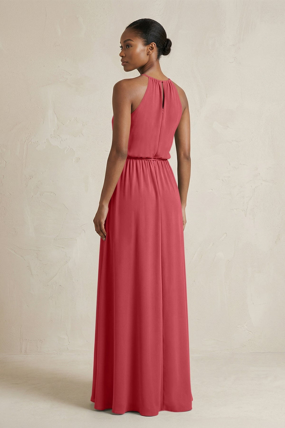 Halter Sheath Ruched Chiffon Bridesmaid Dress in Merlot - KISS BRIDAL Bridesmaid Dresses