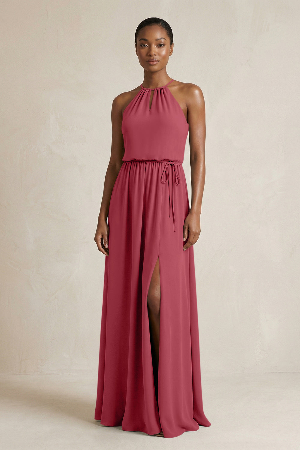 Halter Sheath Ruched Chiffon Bridesmaid Dress in Merlot