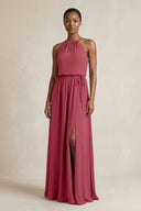 Halter Sheath Ruched Chiffon Bridesmaid Dress in Merlot | KISSBRIDAL
