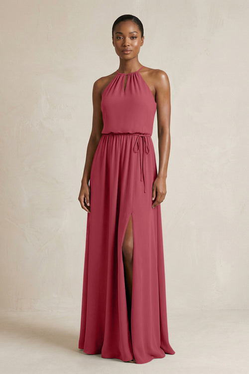 Halter Sheath Ruched Chiffon Bridesmaid Dress in Merlot | KISSBRIDAL