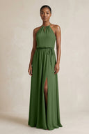 Halter Sheath Ruched Chiffon Bridesmaid Dress in Moss - SHE IS ME Bridesmaid Dresses