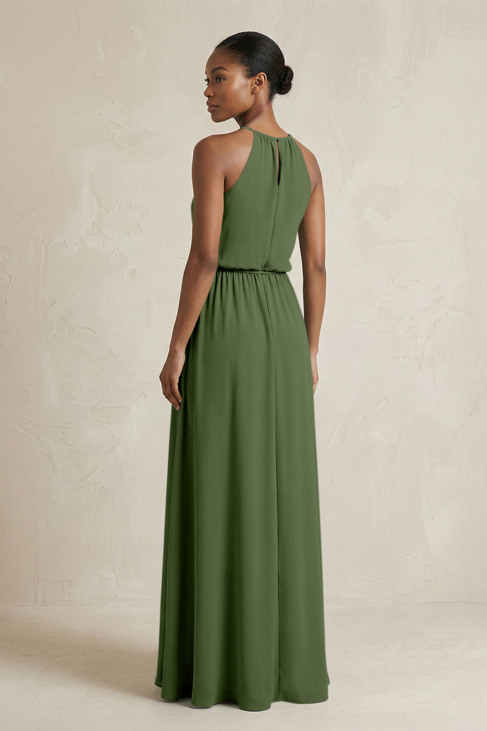 Halter Sheath Ruched Chiffon Bridesmaid Dress in Moss