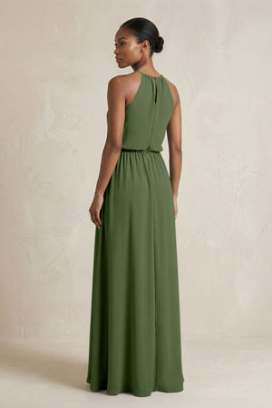 Halter Sheath Ruched Chiffon Bridesmaid Dress in Moss (2) | KISSBRIDAL