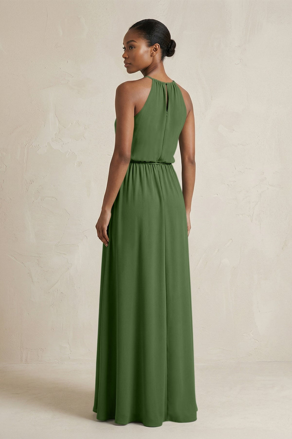 Halter Sheath Ruched Chiffon Bridesmaid Dress in Moss - KISS BRIDAL Bridesmaid Dresses