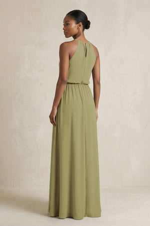 Halter Sheath Ruched Chiffon Bridesmaid Dress in Moss Green (2) | KISSBRIDAL