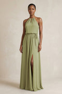 Halter Sheath Ruched Chiffon Bridesmaid Dress in Moss Green - SHE IS ME Bridesmaid Dresses