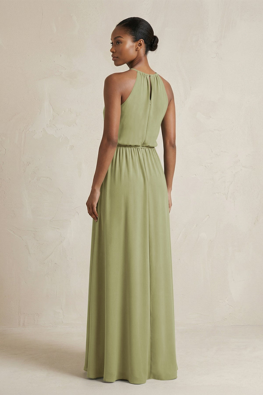 Halter Sheath Ruched Chiffon Bridesmaid Dress in Moss Green - KISS BRIDAL Bridesmaid Dresses