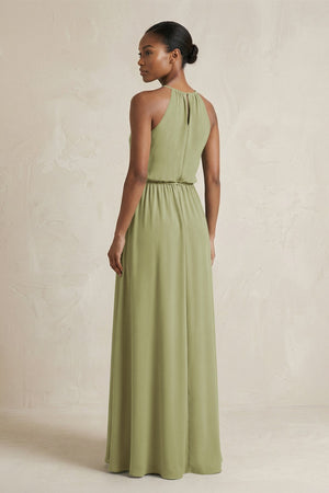 Halter Sheath Ruched Chiffon Bridesmaid Dress in Moss Green - SHE IS ME Bridesmaid Dresses