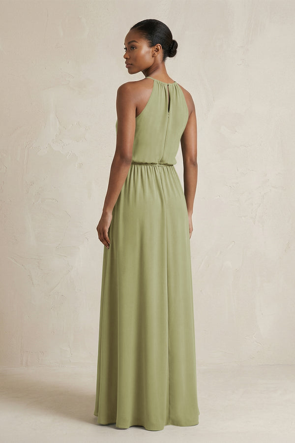 Halter Sheath Ruched Chiffon Bridesmaid Dress in Moss Green - SHE IS ME Bridesmaid Dresses